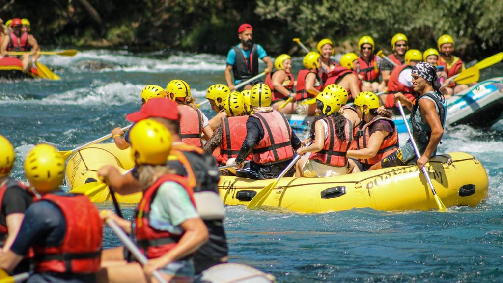 Grupo grande de amigos realizando una actividad de aventura durante una despedida