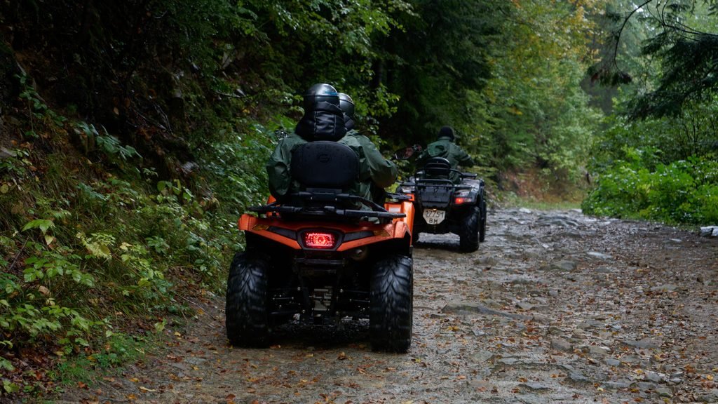 Grupo de amigos haciendo una ruta en quad por el bosque durante una despedida de soltero gay